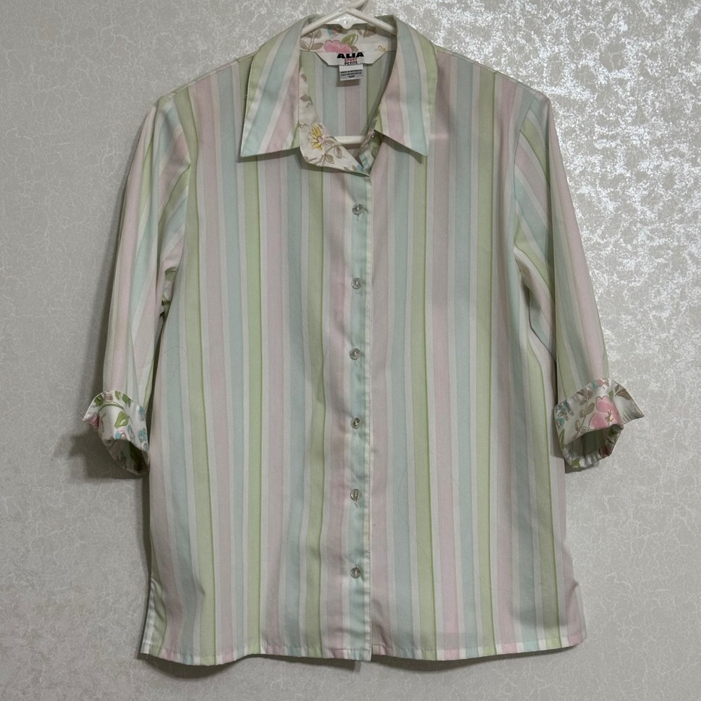Alia Sport Petite Striped Button‎ Up Blouse Floral Cuffs Pastel Multi 10P